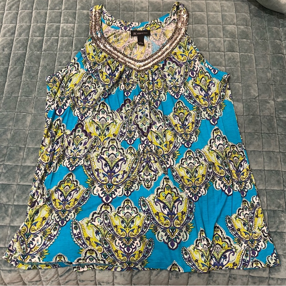 INC International Concepts Blue and Yellow Patterned Plus Size Tank Top